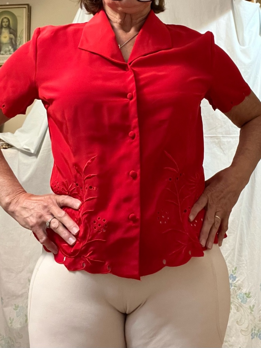 Red Short-Sleeve Button Front Women's Top
